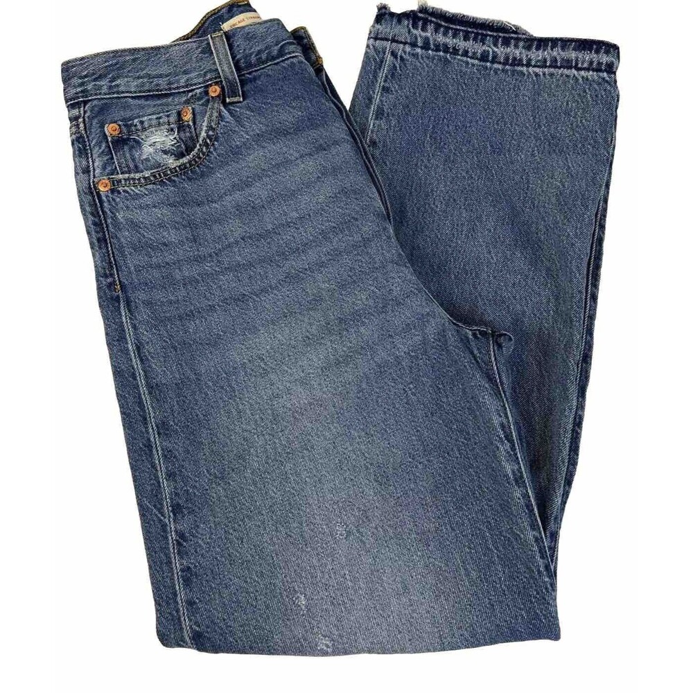 Levi's Jeans Sz. 29 Ribcage Straight Ankle “Capital E” Distressed Denim Raw Hem